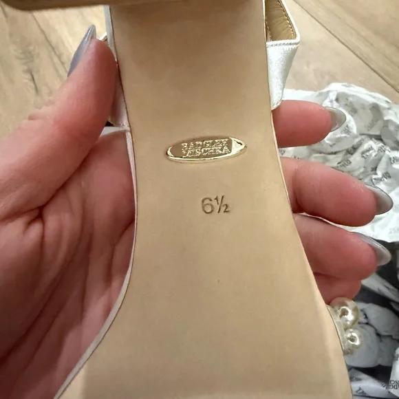 Badgley Mischka Pearl-Adorned White Heels - Picture 3 of 4